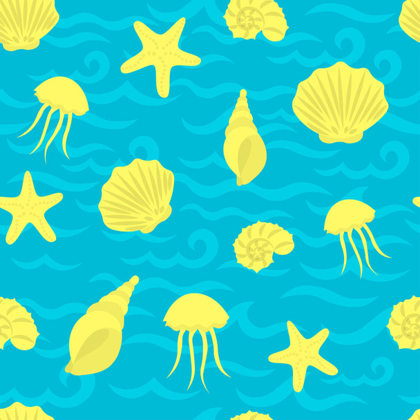 nahtloses Meeresmuster in nautisch inspiriertem Design. Meeresgrund mit Muscheln, Seesternen und Quallen. blaue Ozeanwasserwelle. Vektor nahtlose Muster mit Meereslebewesen. - Vektor, Bild