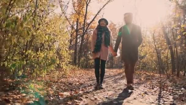 Mladý ženatý pár prochází podzimním parkem, mezi holými stromy - Záběry, video