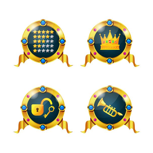Icons of achievements, golden crown of victory, key from locks. - Vector, Image