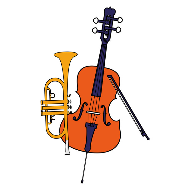 fiddle and trumpet instruments musical - Vector, Image