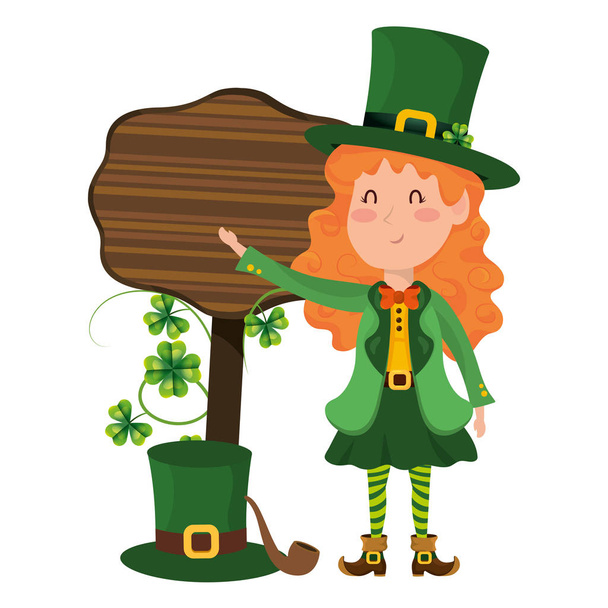 st patricks day elf with wooden sign cartoon vector illustration graphic design - Vector, Image