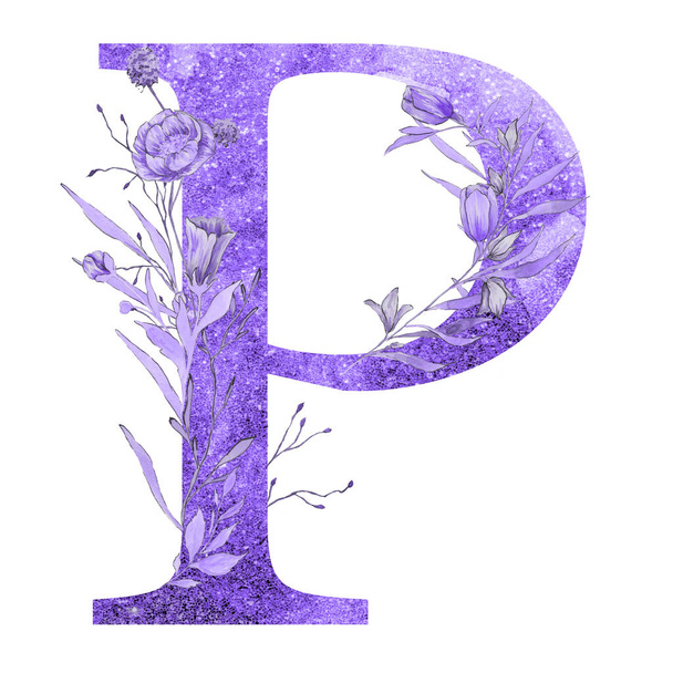 letter p  of the alphabet with flowers and leaves. Floral elegant design.  - Foto, imagen