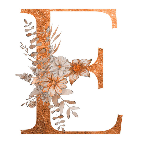 letter  e of the alphabet with flowers and leaves. Floral elegant design.  - Fotografie, Obrázek