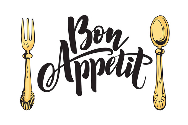 Kitchen cooking lettering inscriptions, color logo, cuisine label. Bon Appetit. - Vector, Image