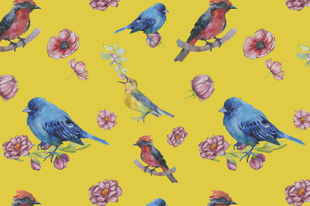  spring watercolor background with birds and  flowers.  - Foto, Bild