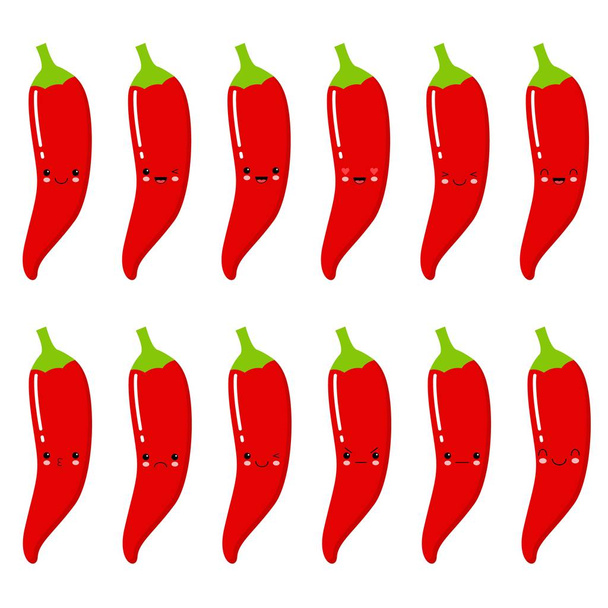 Conjunto de pimentas quentes vermelhas sorridentes bonitos. Conjunto de pimenta Emoji. Sorriso
. - Vetor, Imagem