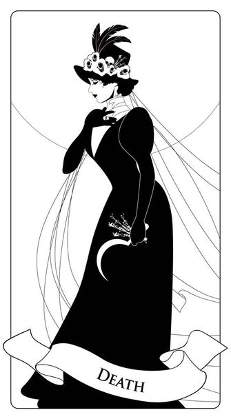 Major Arcana Tarot Cards. Death. Woman dressed in veils and ancient widow clothes carrying a sickle and a sprig of flowers in one hand. Hat decorated with feathers, roses and skull. - Vector, Image