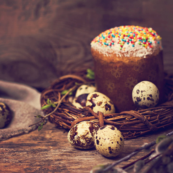 Easter still life. Easter cake, eggs, Easter bunny, Easter card - Фото, изображение