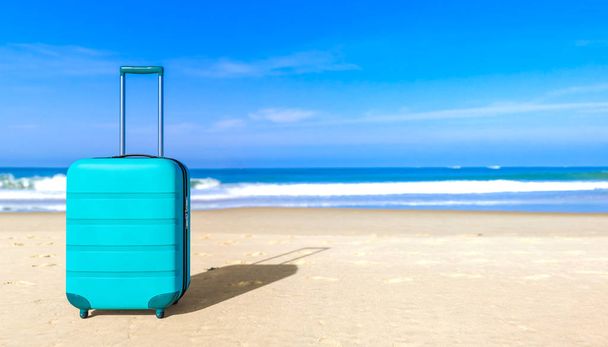 Suitcase on sea beach. Travel baggage concept. Copy space. Holiday, rest, recreation, relaxation. 3D rendering illustration  - Photo, image