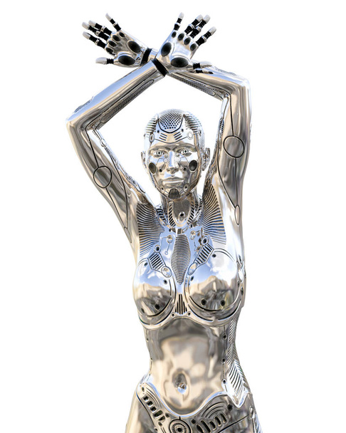 Dance robot woman. Metal shiny silver droid. Artificial Intelligence. Conceptual fashion art. Realistic 3D render illustration. Studio, isolate, high key. - Фото, зображення