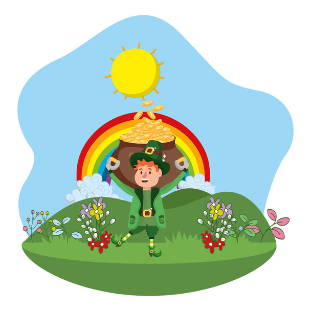 Kobold mit Topf mit Gold junge Regenbogen ruralscape Vektor Illustration Grafik Design - Vektor, Bild