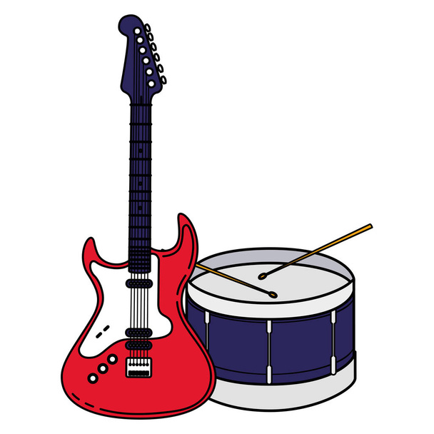 guitar electric and drum instruments musical - Vector, Image