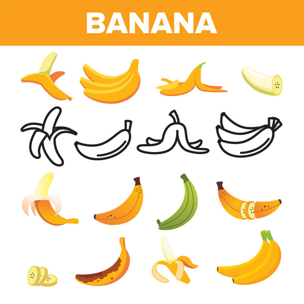 Banana Friut zestaw ikon wektor. Żółty symbol żywności. Sylwetka. Tropikalny charakter dieta. Słodki wegetariański znak naturalny. Obiekt ekologiczny. Linia, płaska ilustracja - Wektor, obraz