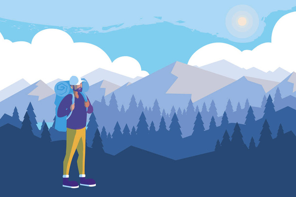 adventurous man with travelbag in the snowscape - Vector, Image