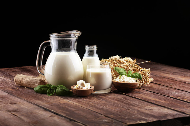 milk products. tasty healthy dairy products on a table. sour cre - Photo, Image