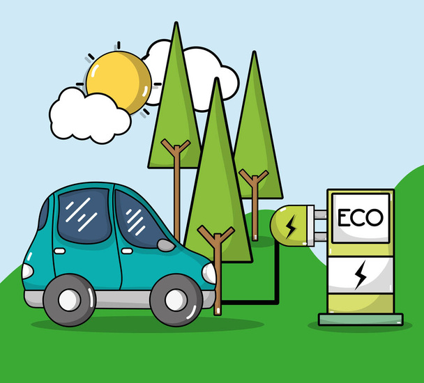 energy recharge station with electric car vector illustration - Vector, Image