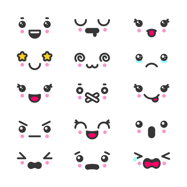 Kawaii cute gezichten emoticons icon vector set - Vector, afbeelding
