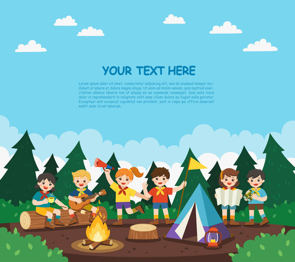 Children camping out in the park. Camping kids concept. Summer c - Vector, Image