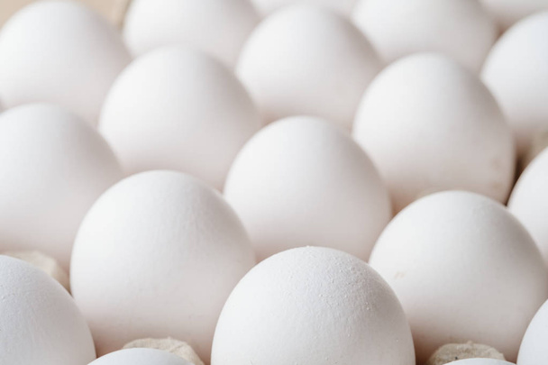 Muchos huevos de pollo blanco comida en bandeja caja
  - Foto, imagen
