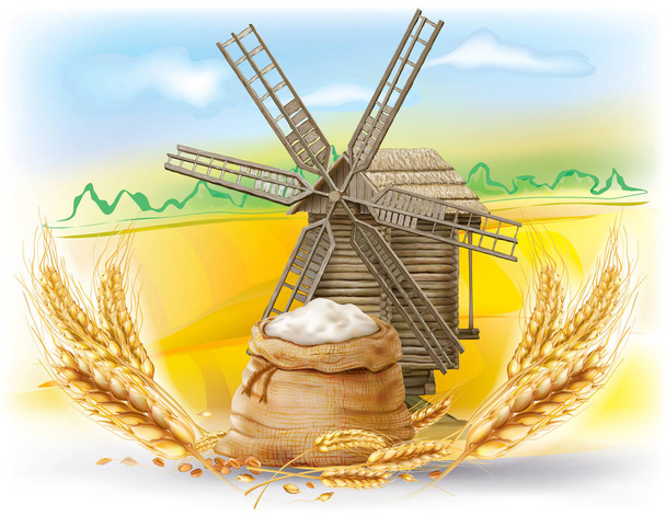 Un sac de farine, des épis de céréales et un moulin à bois sur un terrain rural
 - Vecteur, image