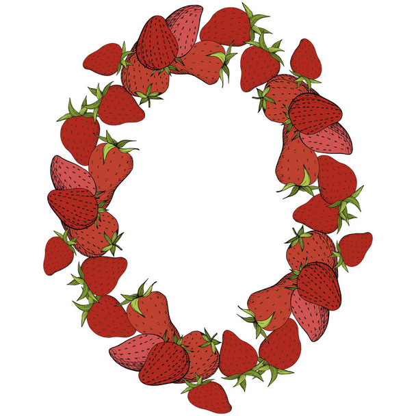 Vector Strawberry fresh fruit healthy food. Red and green engraved ink art. Frame border ornament square. - Vetor, Imagem