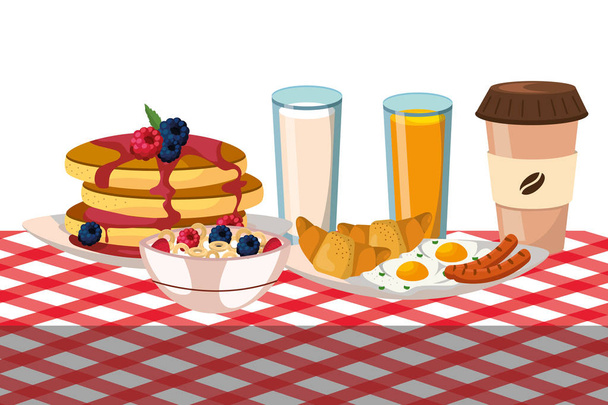 delicious tasty breakfast over picnic tablecloth cartoon vector illustration graphic design - Vector, Image