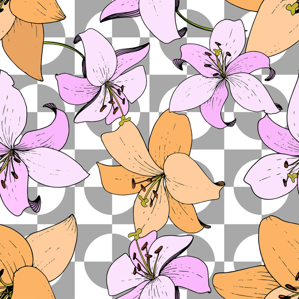 Vector Lily floral botanical flower. Engraved ink art. Seamless background pattern. Fabric wallpaper print texture. - Vektör, Görsel