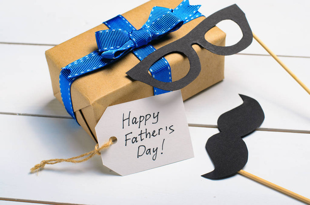 Father's Day Background, Mustache and Gift Box - Photo, Image