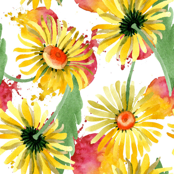 gelbes Gänseblümchen mit botanischen Blüten. Aquarell Hintergrundillustration Set. nahtloses Hintergrundmuster. - Foto, Bild