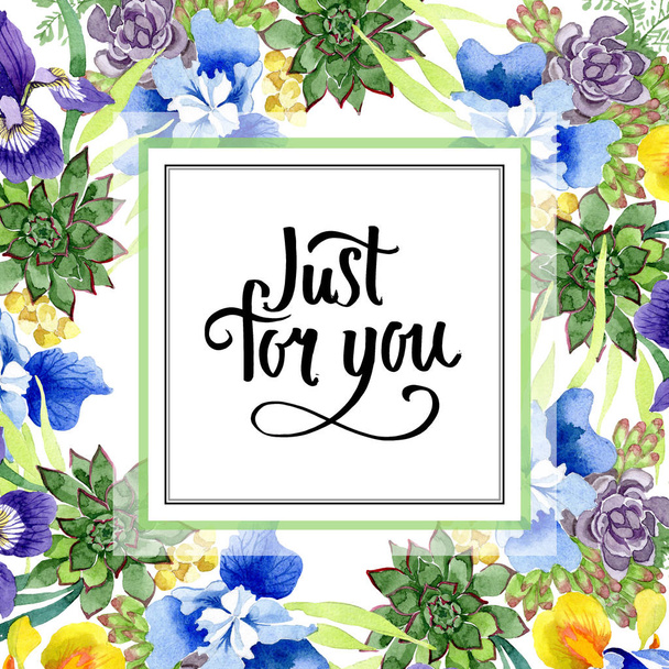 Blue irises bouquet floral botanical flowers. Watercolor background illustration set. Frame border ornament square. - Φωτογραφία, εικόνα