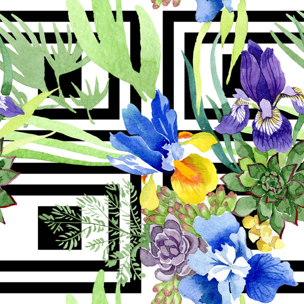 Blauwe irissen boeket bloemen botanische bloemen. Aquarel achtergrond afbeelding instellen. Naadloze achtergrondpatroon. - Foto, afbeelding