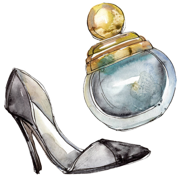 Parfüm und Schuhe skizzieren Glamour Illustration in einem Aquarell Stil isolierten Element. Aquarell Hintergrund Set. - Foto, Bild