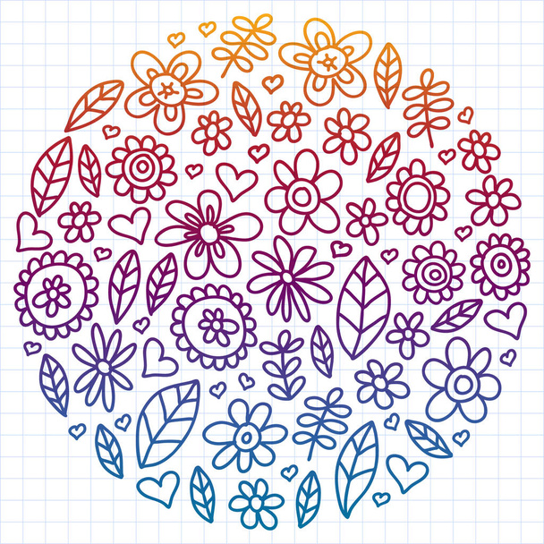 Vector set of child drawing flowers icons in doodle style. Painted, colorful, gradient, on a sheet of checkered paper on a white background. - Vecteur, image