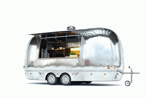Silver food trailer with detailed interior isolated on white. 3d rendering. - Zdjęcie, obraz