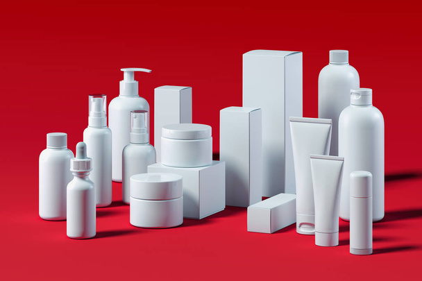 Bottle Set for liquid, cream, gel, lotion. Beauty product package. 3d rendering. - Foto, Imagen