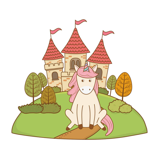 cute fairytale unicorn with castle in the landscape vector illustration design - Vector, Image