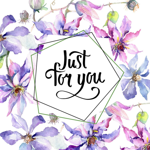 Azul violeta clematis ramo de flores botánicas. Conjunto de ilustración de fondo acuarela. Marco borde ornamento cuadrado
. - Foto, Imagen