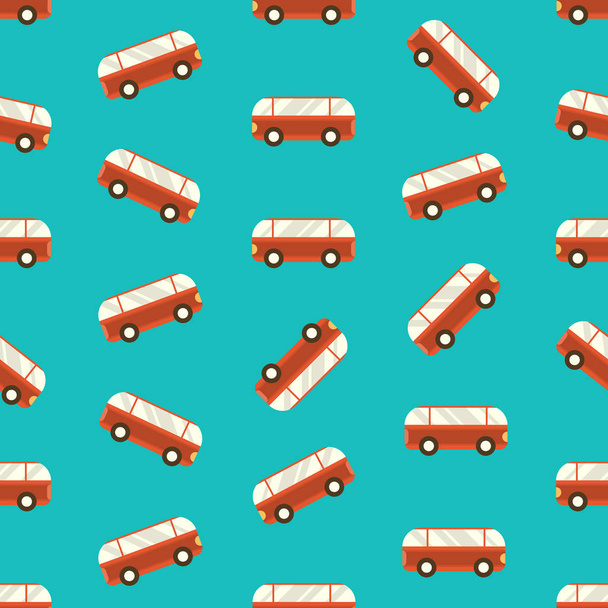 Vector Illustration. Seamless Pattern with Red Buses on Blue Background. - Vector, Image