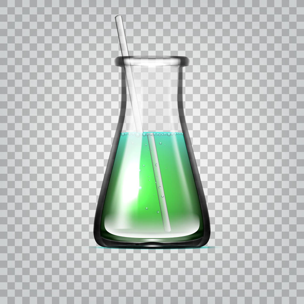 Realistic Chemical Laboratory Glassware Or Beaker Transparent Glass Flask With Green Liquid - Διάνυσμα, εικόνα