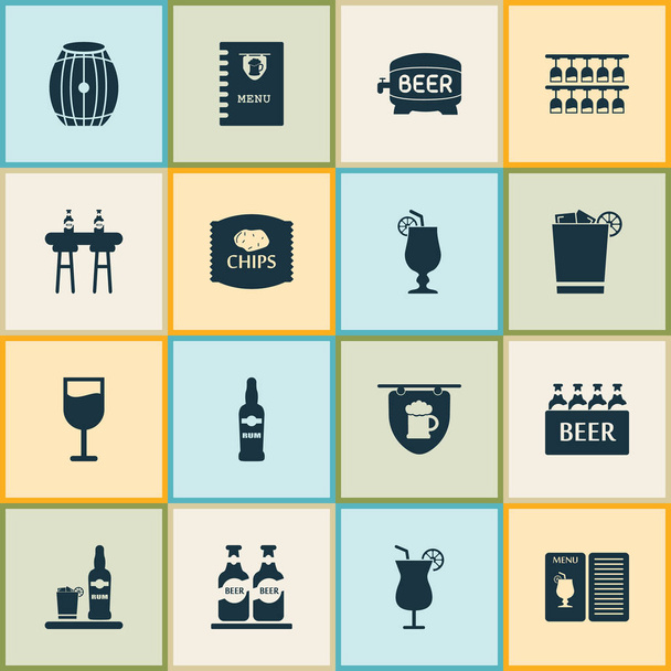 Alcohol icons set with cocktail, bar counter, chips and other container elements. Isolated  illustration alcohol icons. - Zdjęcie, obraz