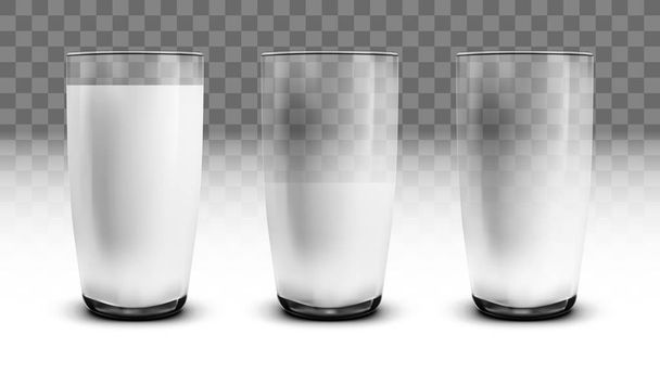 Realistic Empty, Half And Full Of Milk Transparent Glasses - Vecteur, image