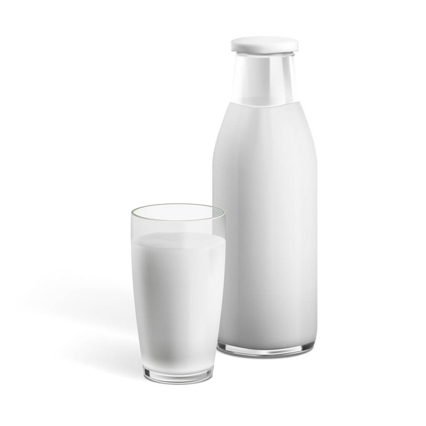Realistic Glass Of Milk And Milk Bottle With Shadow - Вектор, зображення