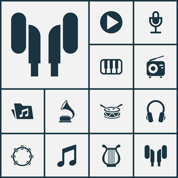 Multimédia ikonok beállítása, a mikrofon, fejhallgató, mappa és a hordó elemeivel. Elszigetelt vektoros illusztráció multimédia ikonok. - Vektor, kép