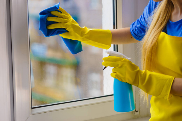 Woman cleaning window at home - Fotoğraf, Görsel
