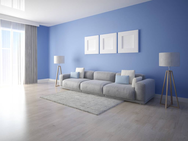 Mintája fel világos nappali eredeti kanapé és divatos kék háttér. - Fotó, kép