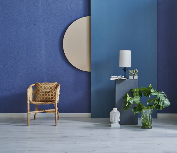 Mur moderne en pierre bleu foncé, mur texturé, mur décoratif bleu, concept intérieur. Fond du mur intérieur. parquet et fond moderne
 - Photo, image