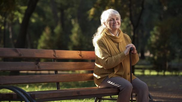 Happy aged woman enjoying warm sunny day sitting on bench in park, retirement - Φωτογραφία, εικόνα
