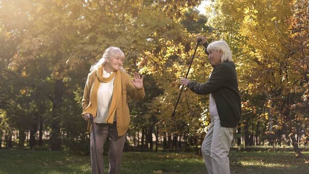 Cheerful female friends with walking sticks fooling around in autumn park - Photo, Image