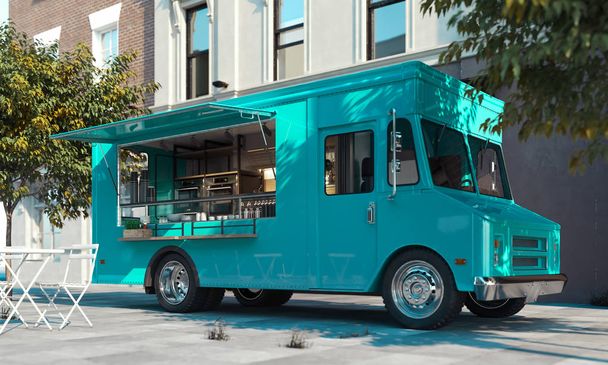 Aquamarine food truck with detailed interior on street. Takeaway. 3d rendering. - Photo, image
