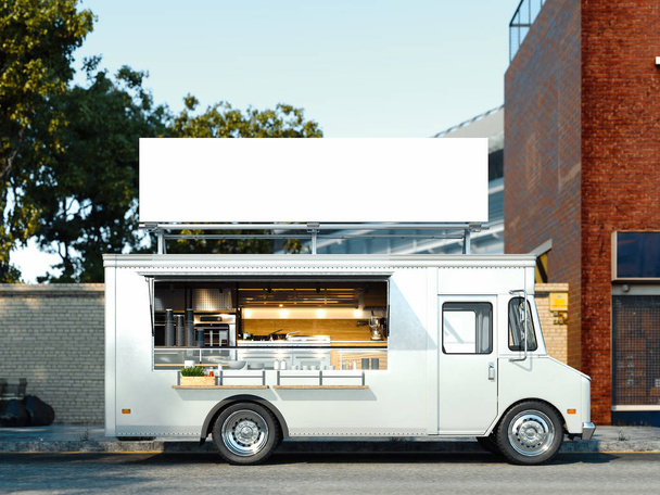 Witte voedsel vrachtwagen met gedetailleerde interieur. Afhaalmaaltijden eten en drinken. 3D-rendering. - Foto, afbeelding